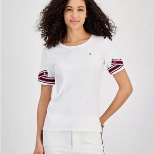Tommy Hilfiger Women's White T-Shirt with Striped Sleeves